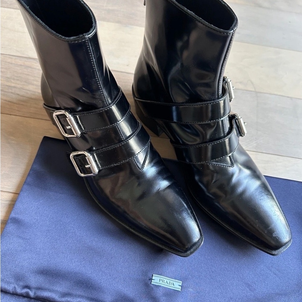 Authentic Prada Women Brushed Leather Ankle Boots with Double-Buckle